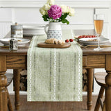Sage Green Rustic Cotton Linen Table Runner, Seasonal Embroidered Hollow Kitchen Dining Table Decoration for Home Party Decor 13x72 Inch