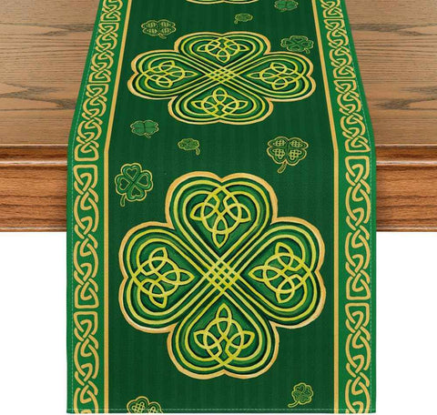 Green Stripes Shamrocks 210 GSM St.Patrick's Day Table Runner, Seasonal Spring Kitchen Dining Table Runner for Home Party Decor 13x72 Inch