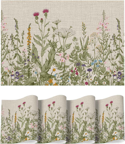 Wildflower Vinyl Placemats Set of 4, Washable Non-Slip Plastic PVC Table Mats for Spring Party Kitchen Dining Decor, 12x18 Inch
