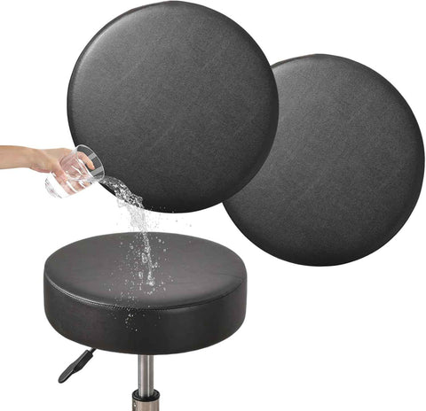 Bar Stool Covers Round Set of 2, Waterproof PU Seat Covers With Elastic Bands, Chair Covers Washable Cushion Slipcover for 12-15 Inch - Black