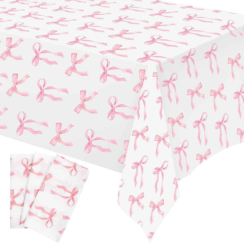 3 Pcs Pink Bow Table Cloth 54 x 108 Inch Coquette Bow Table Cover Rectangle Pink Tablecloth Disposable Tablecovers Coquette Party Decorations for Wedding Engagement Bridal Birthday Decor