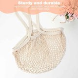 2 Pack Reusable Cotton Mesh Farmers Market Bag, Grocery Tote Net Shopping Bag, Washable Durable Portable Net String Produce Shopping Bags with Long Handle for Fruits, Vegetables, Shoppings (Beige)