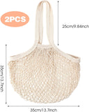 2 Pack Reusable Cotton Mesh Farmers Market Bag, Grocery Tote Net Shopping Bag, Washable Durable Portable Net String Produce Shopping Bags with Long Handle for Fruits, Vegetables, Shoppings (Beige)
