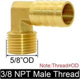 Brass Hose Fitting, 90 Degree Elbow, 1/2" Barb x 3/8" NPT Male Pipe Water/Fuel/Air (Pack of 2)