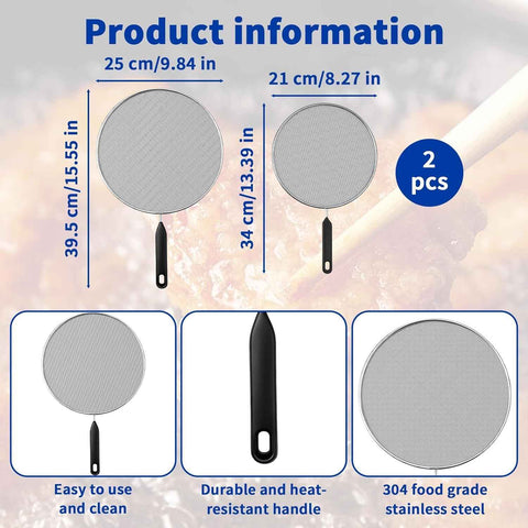 2-Pack Splatter Screen for Frying Pan - 8'' 10'' Stainless Steel Grease Splatter Guard - Cover Oil Splash when Sizzling Bacon - Fine Mesh Cover, Splatter Screen for Frying Pan, Cooking Pots