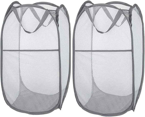 2 Pack Foldable Mesh Laundry Baskets with Reinforced Handles Grey Portable for Home Travel Student Use