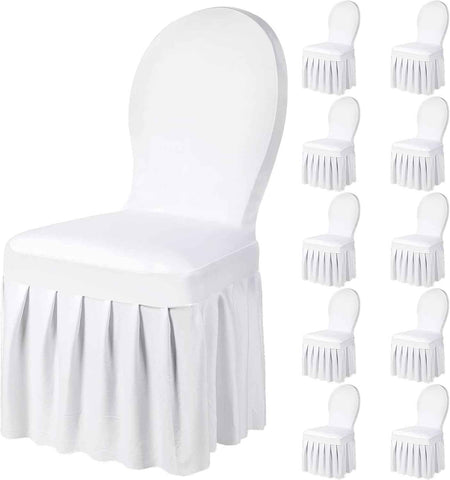 10 Pcs White Chair Covers with Skirt Spandex Chair Slip Covers Wedding Long Stretch Protectors Removable and Washable for Dining Chairs Hotel and Wedding Ceremony