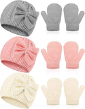 3 Set Toddler Hat Glove Set, Kids Winter Hats Warm Knitted Beanie Mittens Gloves with Bow for Baby Girls Boys 0-6Y
