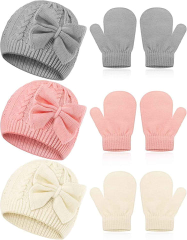 3 Set Toddler Hat Glove Set, Kids Winter Hats Warm Knitted Beanie Mittens Gloves with Bow for Baby Girls Boys 0-6Y