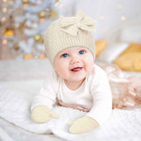 3 Set Toddler Hat Glove Set, Kids Winter Hats Warm Knitted Beanie Mittens Gloves with Bow for Baby Girls Boys 0-6Y