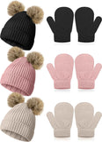 3 Set Toddler Hat Glove Set, Kids Winter Hats Warm Knitted Beanie Mittens Gloves with Bow for Baby Girls Boys 0-6Y