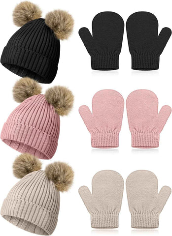 3 Set Toddler Hat Glove Set, Kids Winter Hats Warm Knitted Beanie Mittens Gloves with Bow for Baby Girls Boys 0-6Y
