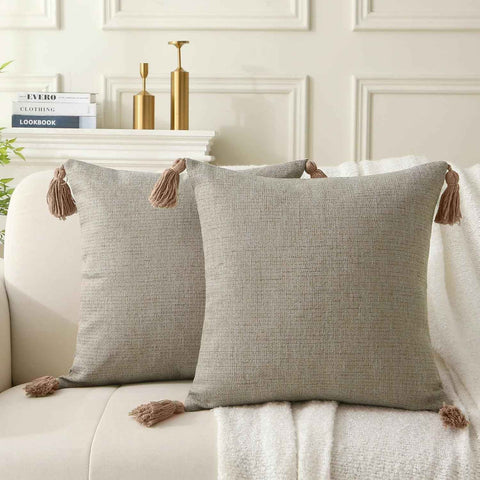 18" x 18" Decorative Throw Pillow with Inserts, Set of 2 Farmhouse Neutral Couch Throw Pillows with Tassels, Square Boho Pillow for Couch, Bed, Sofa Decor (Khaki, 18" x 18"(Pack of 2))