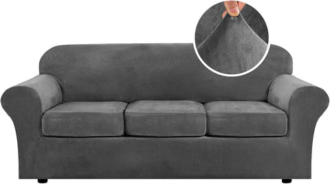 4 Pieces Thick Velvet Sofa Covers Couch Covers for 3 Chion Couch Sofa High Stretch Slipcovers Furniture Protector Form Fit Luxury Couch Cover for Dogs Width Up to 90 Inch(Sofa,Grey)