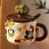 13 Oz Cute Apple Tree Girl Ceramic Coffee Mug Tea Mug with Lid and Leaf Spoon, Elegant Drinking Cup Gift for Women (Music,13 Oz)