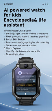 Smart Kids Phone Watch - GPS Tracker Video Call Smartwatch with AI Functions Android OS - Detachable Rotatable Camera for Students - Black