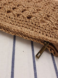 Hollow Woven Summer Beach Bag - Handmade Paper Rope Crossbody Tote for Vacation - Lightweight Crochet Shoulder Bag - Camel