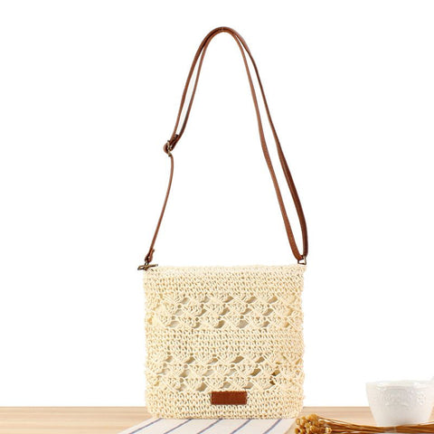 Hollow Woven Summer Beach Bag - Handmade Paper Rope Crossbody Tote for Vacation - Lightweight Crochet Shoulder Bag - Off White