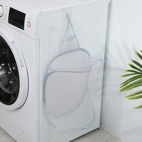 Foldable Wall Mount Laundry Basket 2-Pack - Hanging Clothes Storage Organizer for Bathroom Bedroom - Space Saving Collapsible Hamper - Gray Mesh