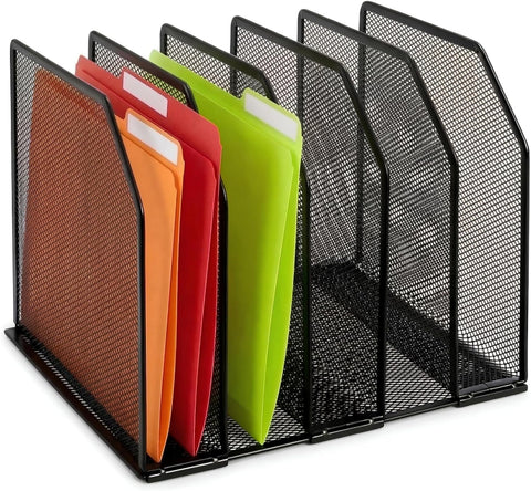 Adjustable Desk File Organizer, 5 Sections Upright Desktop Standing Wire Mesh Paper Divider, Sturdy Metal Folder Sorter for Office Supplies
