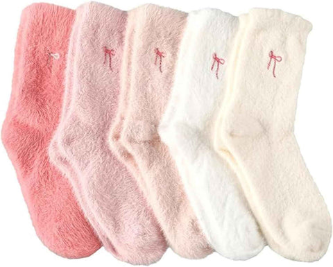 5 Pairs Fluffy Cosy Socks Ladies With Bow, Warm Winter Socks, Thick Furry For Home, Thermal Ladies, Soft Sleep
