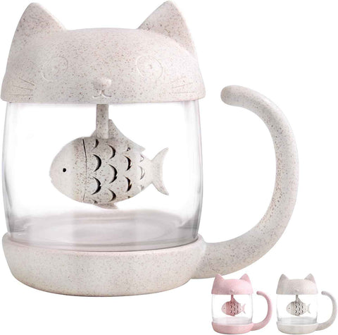 Petluno Glass Cat Teacup, Fish Infuser Water Bottle, 250ML Bulk Strainer White