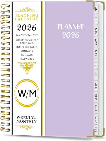 2026 Weekly and Monthly Planner, Jan-Dec, Spiral-Bound with Tabs, Inner Pocket, 6.2" x 8.5" Year Planner Calendar (Purple, 8.5")