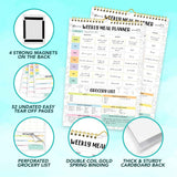 Petluno 52 Sheets Pastel Rainbow Undated Magnetic Weekly Meal Planner for Fridge with Grocery List and 4 Strong Magnets - 7x10in Spring-Bound, Refrigerator Mountable, Easy Tear-Off Design