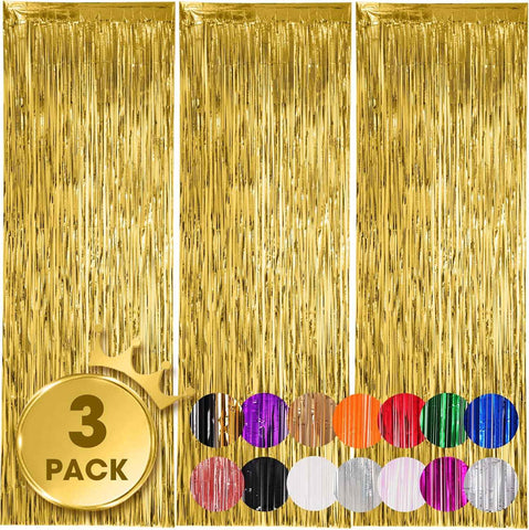 3 Pack 3.3x8.2 Feet Gold Foil Fringe Backdrop Curtains, Tinsel Streamers, for 2025 New Years Eve, Graduation, Birthday, Baby Shower, Gender Reveal, Disco Party 05
