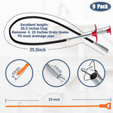 35.5-inch Drain Clog Remover (1 piece), 25-inch Snake Hair Remover (6 pieces) & Cleaning Brush (2 pieces), Catcher Auger Cleaner Tool Set For Toilet, Kitchen Sink, Bathroom Tub, Sewer, 9 Pack