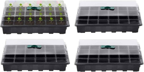 Petluno 4-piece seedling trays, 24-cell plastic seedling propagation trays, flower seed growing containers with adjustable ventilation openings for greenhouse, garden, home (with lids and bases)