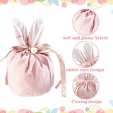 Easter bags with drawstring, 4 pieces of velvet Easter bags, ear-shaped Easter bags, for filling, for candy, cookies, snacks pink