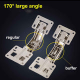 Spring-loaded hinge, 170 degrees, for kitchen cabinets, door hinges, large angle door hinges, angle stop, self-closing hinge, 4 pieces, improved version with buffer damping