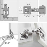 Spring-loaded hinge, 170 degrees, for kitchen cabinets, door hinges, large angle door hinges, angle stop, self-closing hinge, 4 pieces, improved version with buffer damping