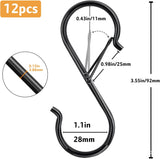 12 Pcs S Hooks for Hanging, Heavy Duty Metal S Shaped Hooks with Safety Buckle for Plants, Pots, Towels and Bags, 3.55 inch (Black)