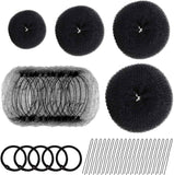 Hair Donut Bun Maker Set - 4 Bun Shapers, 20 Invisible Nets, 5 Elastics, 20 Bobby Pins (Black)
