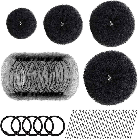 Hair Donut Bun Maker Set - 4 Bun Shapers, 20 Invisible Nets, 5 Elastics, 20 Bobby Pins (Black)