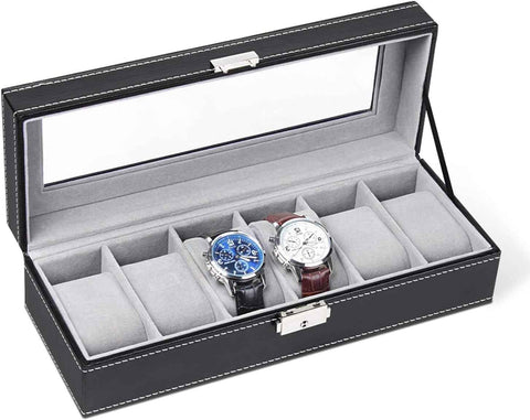 6-slot Leather Watch Box, Watch Box Organizer Glass jewelry Storage Black