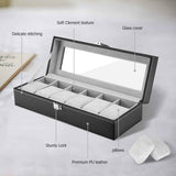 6-slot Leather Watch Box, Watch Box Organizer Glass jewelry Storage Black