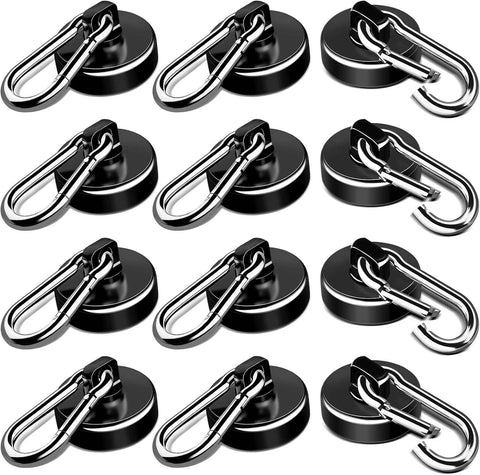 Strong Magnetic Hooks, 70LBS Hooks Heavy Duty Neodymium Magnets with Carabiner Hook, Magnet Swivel for Kitchen, Hanging, Cruise, Grill, Refrigerator - 12 Pack Black 2in x 0.98in