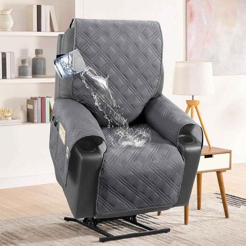 100% Waterproof Recliner Chair Cover Nonslip Stay in Place Electric Power Lift Slipcovers Fitted Standard Large with Side Pocket,Grey/Beige Grey/Beige -