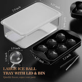 Whiskey Ice Cubes Mold 2 Pack - Round Cube & Ball Maker Set with Storage Bin, Trays Lid, Tongs for Bourbon Cocktails, Gifts Lover