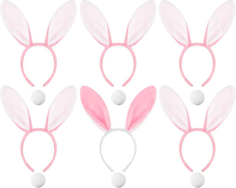 6 Sets Easter Bunny Ears Headbands and Tail, Long Furry Plush Rabbit Ear Headband for Bachelorette Wedding Cosplay White -