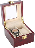 Wooden Watch Box, 2 Slots Storage Case Organizer Beige Soft Flannel Lining Red Box for Men with Clear Lid