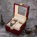 Wooden Watch Box, 2 Slots Storage Case Organizer Beige Soft Flannel Lining Red Box for Men with Clear Lid