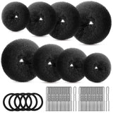 Hair Bun Maker Set- 8 PCS Hair Donuts or Buns (2 Extra-large,2 Large,2 Medium and 2 Small), 40 PCS Bobby Pins, 5 PCS Hair Elastic Ties Black,Bun Maker - Black