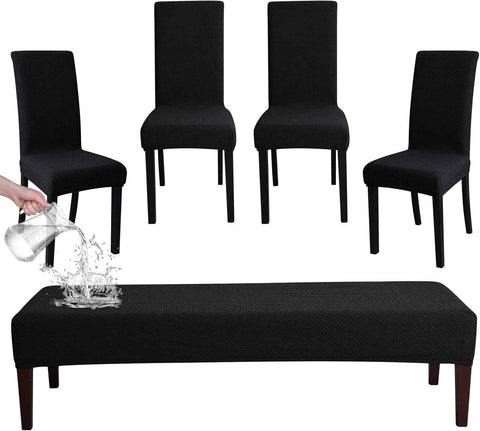 FORCHEER Dining Chair Covers and Bench Covers Set Waterproof Black Jacquard 4 Dining Room Chair and Bench Slipcover Washable