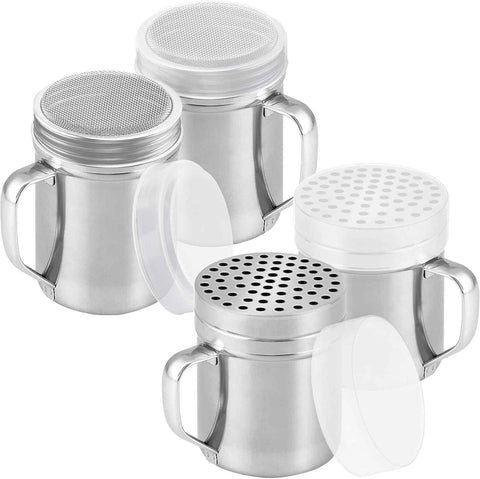 [2-pack] 10oz Metal Cheese Shaker with Large Holes, [2-pack] 10oz Powdered Sugar Shaker with ine Mesh - With Handle and Lids
