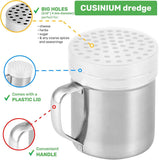 [2-pack] 10oz Metal Cheese Shaker with Large Holes, [2-pack] 10oz Powdered Sugar Shaker with ine Mesh - With Handle and Lids