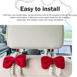 2 PCS Bow Car Headrest Hooks, Fluffy Bow & Elegant Pearl Decorative Hanger, Multifunction Hanging Purse Hook & Phone Stand, Portable Front Seat Organizer for Women Girls (Red)